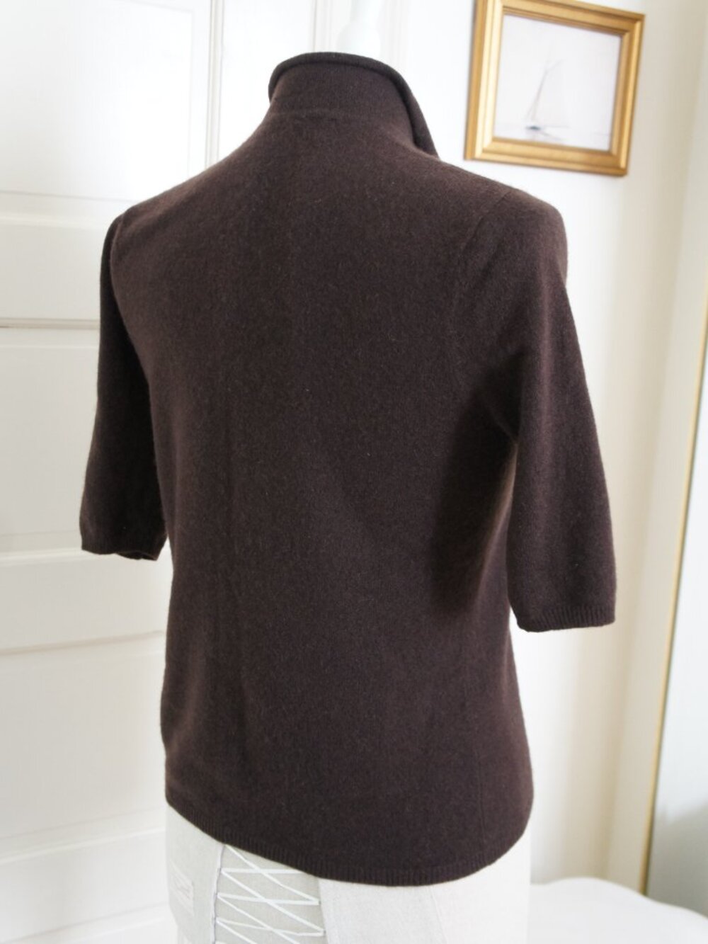 Vintage 90s 100% Cashmere Dark Brown V-Neck Polo Sweater Shirt Size Small - Picture 6 of 11